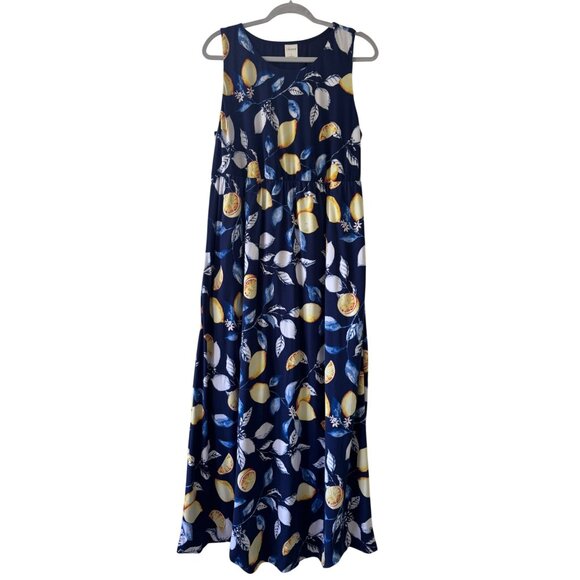 Soma Womens Navy Lemon Print Sleeveless Knit Maxi Dress With Side Pockets  L - Picture 13 of 14